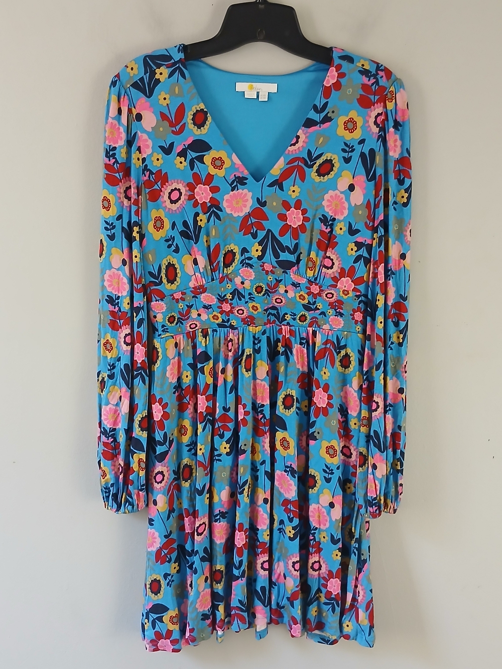 Boden Women's Size 4 Jersey Mini Tea Dress Moroccan Blue Floral Long Sleeve